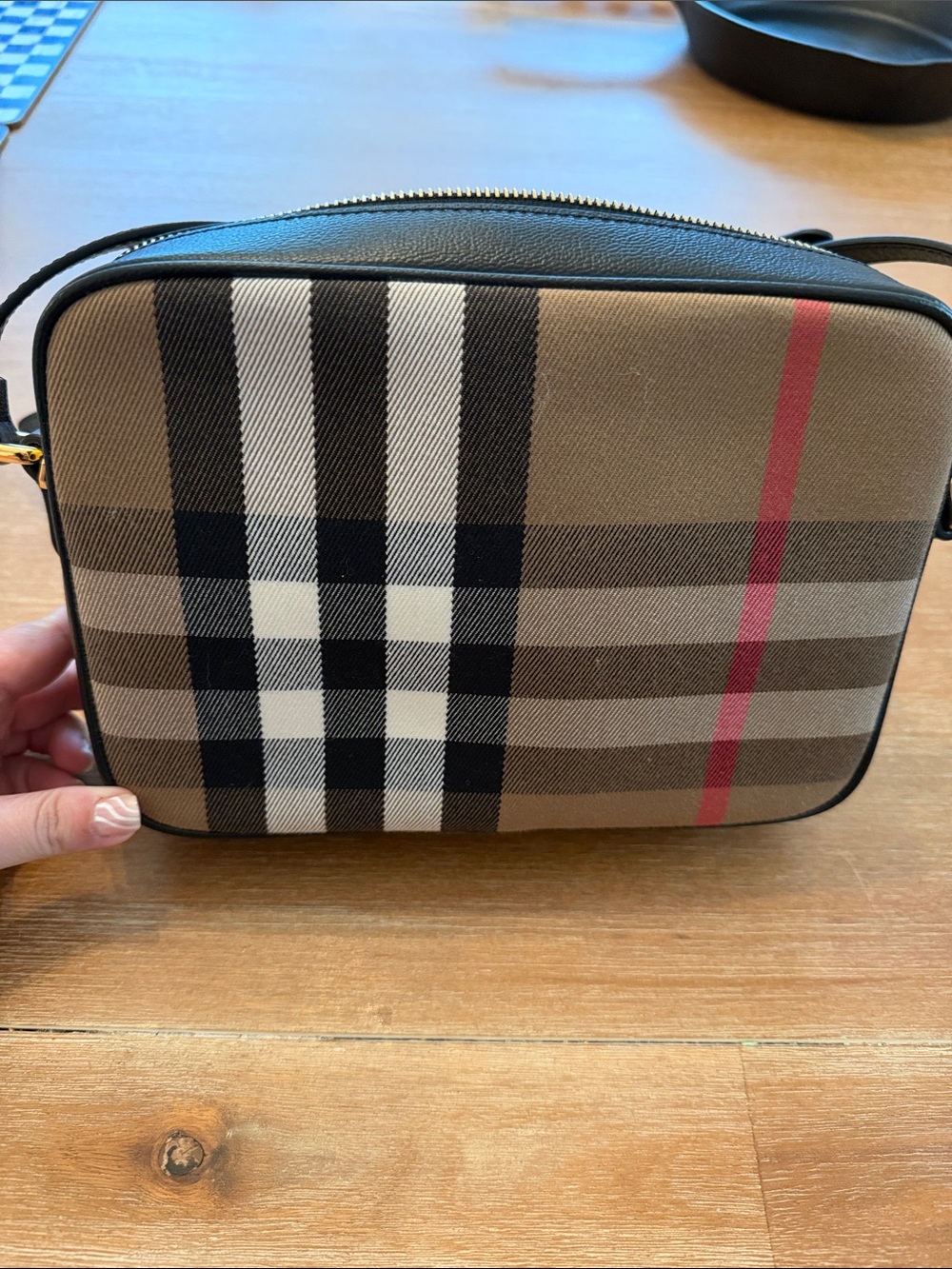Burberry Classic Check Crossbody Camera Bag in Tan with Black & Red Accents - Picture 2 of 3